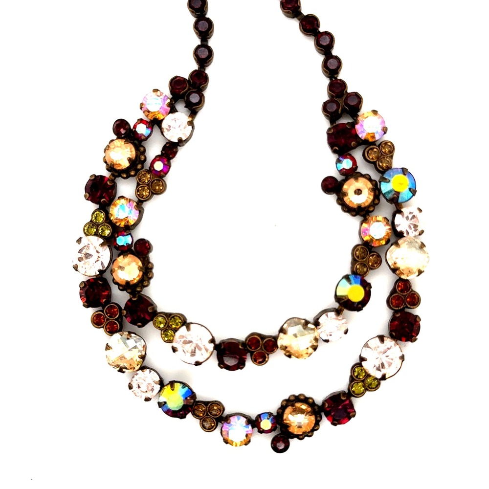 Sorrelli Multi Color Crystal Double Strand Statement Necklace Antique Brass Tone